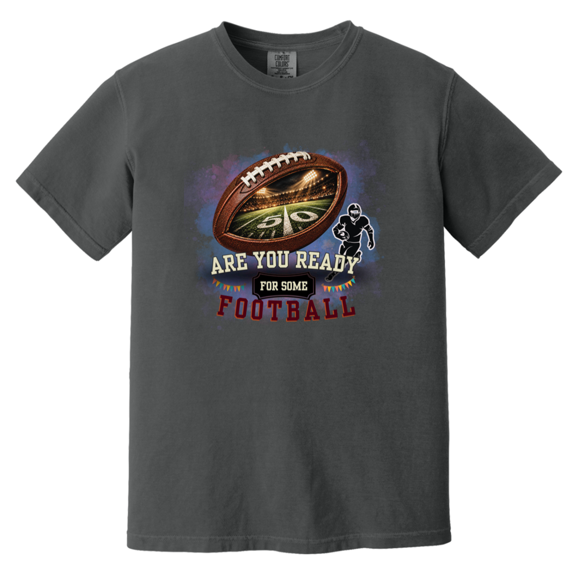 Bold football-themed graphic in Graphite featuring a textured brown football with a glowing nighttime stadium and 50-yard line visible inside, a football player silhouette, watercolor background, and the words “ARE YOU READY FOR SOME FOOTBALL” in cream, black, and burgundy collegiate-style lettering.