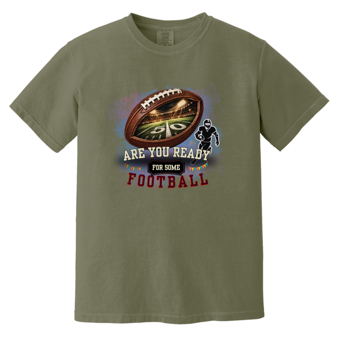 Bold football-themed graphic in Moss featuring a textured brown football with a glowing nighttime stadium and 50-yard line visible inside, a football player silhouette, watercolor background, and the words “ARE YOU READY FOR SOME FOOTBALL” in cream, black, and burgundy collegiate-style lettering.