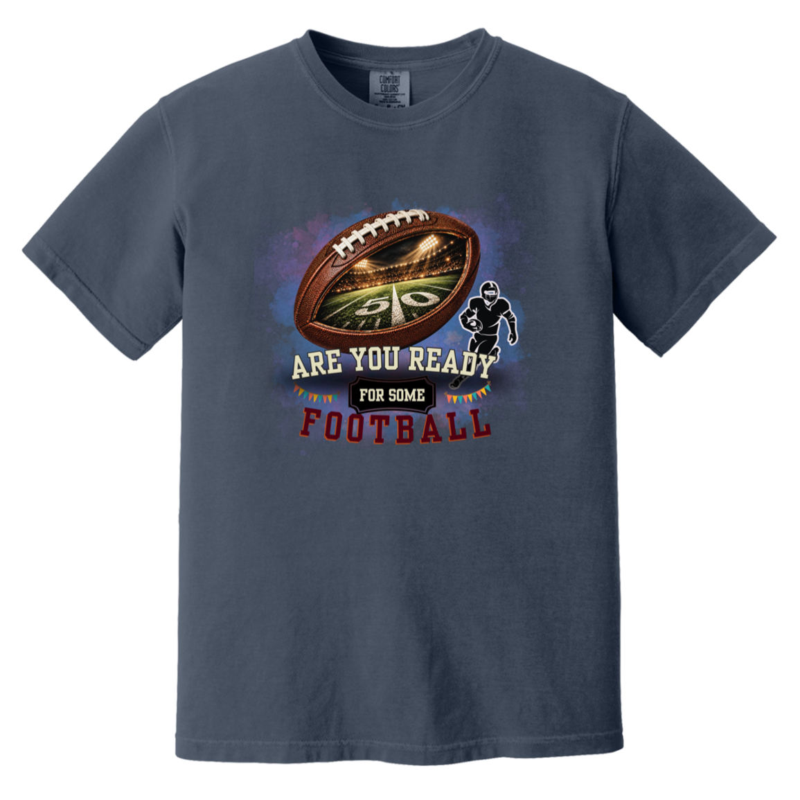 Bold football-themed graphic in Navy featuring a textured brown football with a glowing nighttime stadium and 50-yard line visible inside, a football player silhouette, watercolor background, and the words “ARE YOU READY FOR SOME FOOTBALL” in cream, black, and burgundy collegiate-style lettering.
