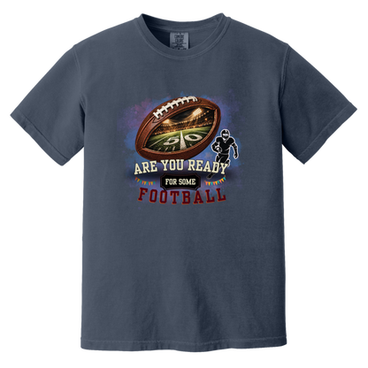 Bold football-themed graphic in Navy featuring a textured brown football with a glowing nighttime stadium and 50-yard line visible inside, a football player silhouette, watercolor background, and the words “ARE YOU READY FOR SOME FOOTBALL” in cream, black, and burgundy collegiate-style lettering.