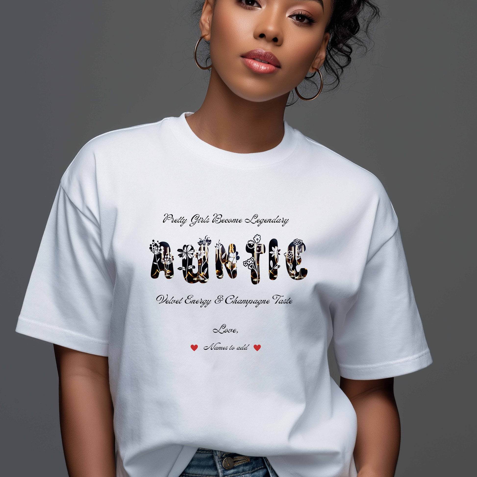 AI Generated woman wearing a white t-shirt  featuring vibrant flowers, elegant botanical accents, and stylish typography with text and graphics on a gray background