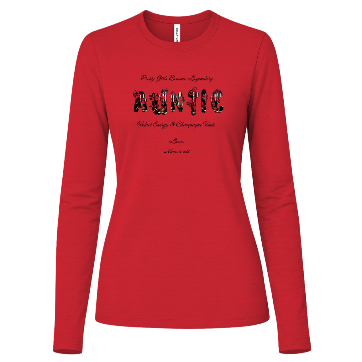 Red long sleeve shirt featuring vibrant flowers, elegant botanical accents, and stylish typography with text and graphics on a transparent background