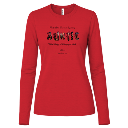 Red long sleeve shirt featuring vibrant flowers, elegant botanical accents, and stylish typography with text and graphics on a transparent background