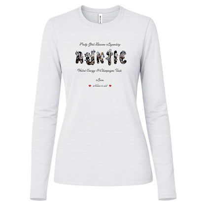 White long sleeve shirt featuring vibrant flowers, elegant botanical accents, and stylish typography with text and graphics on a transparent background