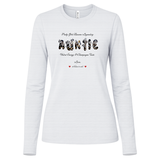 White long sleeve shirt featuring vibrant flowers, elegant botanical accents, and stylish typography with text and graphics on a transparent background