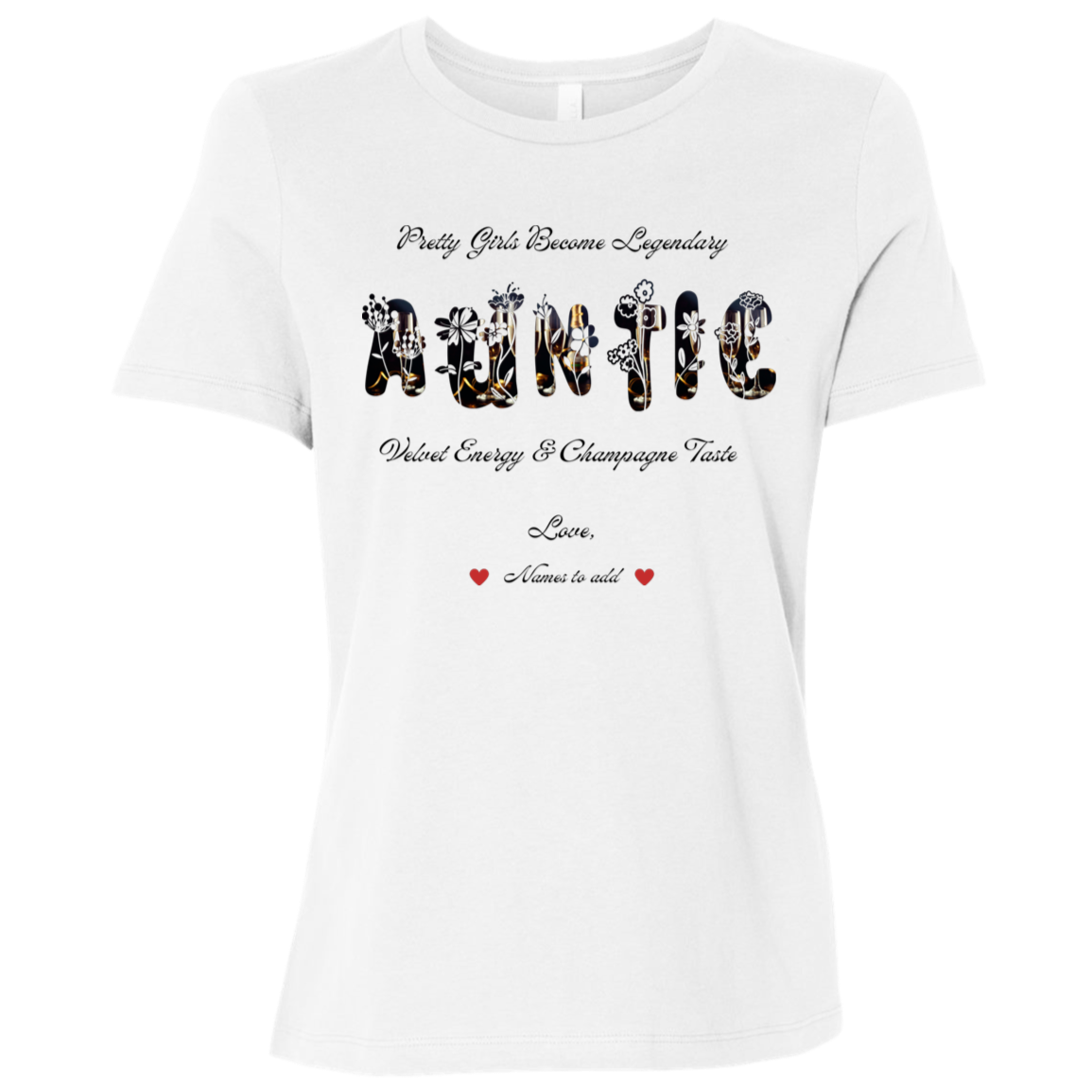 White t-shirt featuring vibrant flowers, elegant botanical accents, and stylish typography with text and graphics on a transparent background