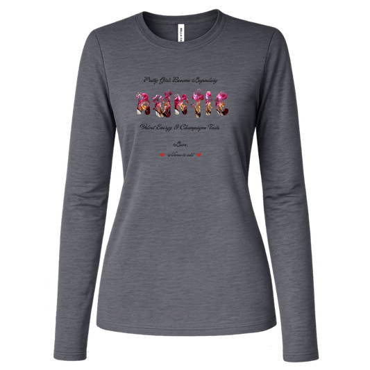 Deep Heather long sleeve shirt featuring vibrant flowers, elegant botanical accents, and stylish typography with text and graphics on a transparent background