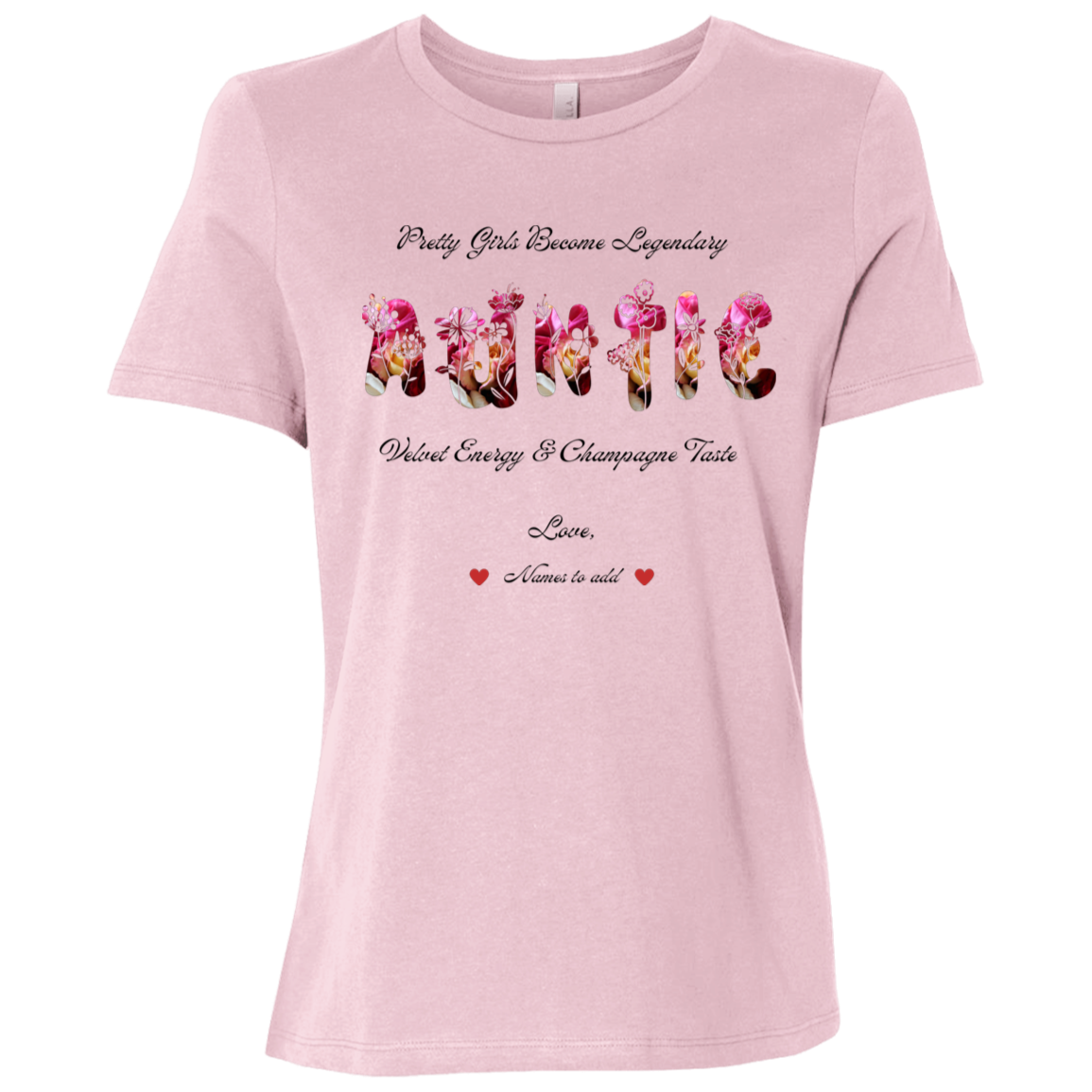 Pink t-shirt featuring vibrant flowers, elegant botanical accents, and stylish typography with text and graphics on a transparent background