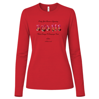 Red long sleeve shirt featuring vibrant flowers, elegant botanical accents, and stylish typography with text and graphics on a transparent background