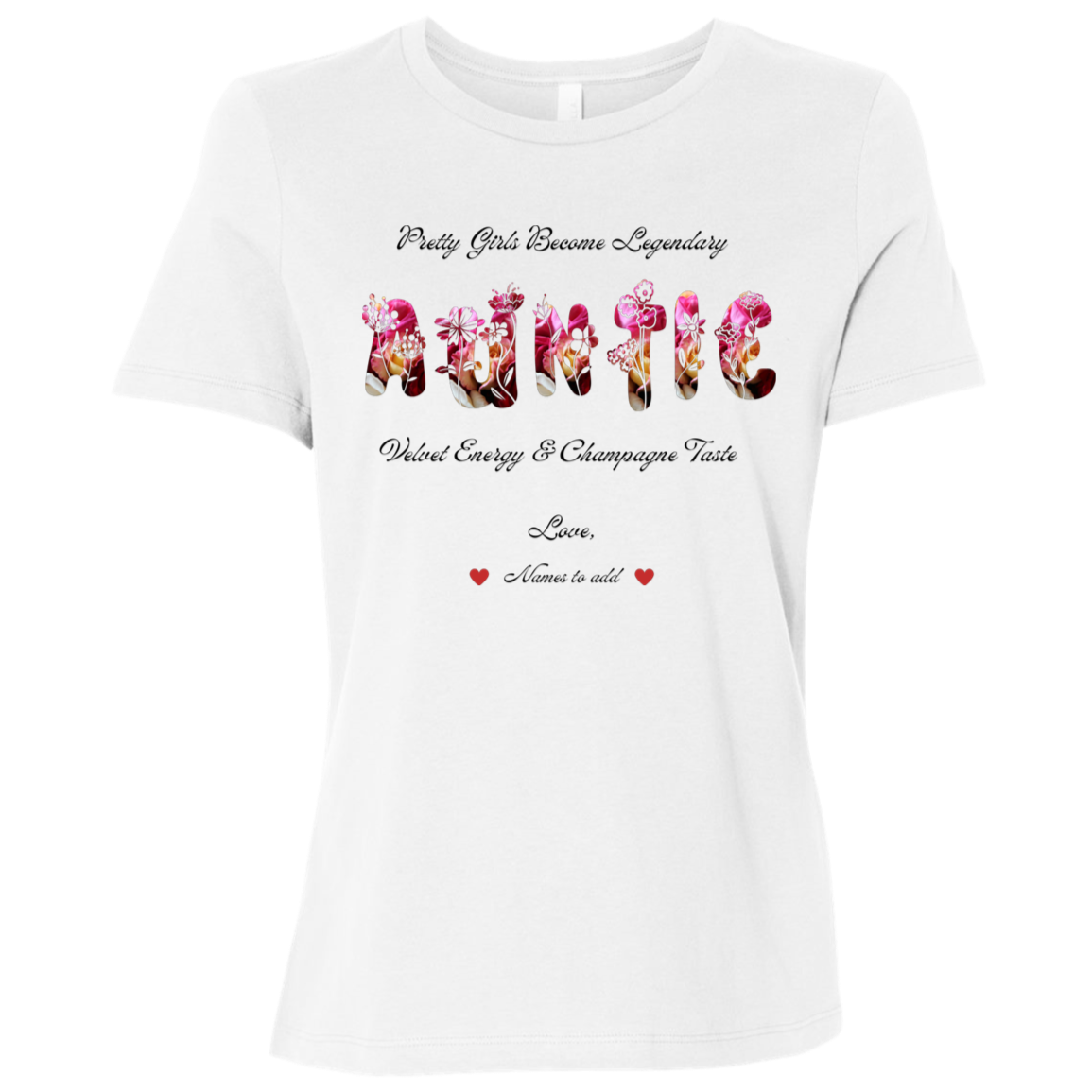 White t-shirt featuring vibrant flowers, elegant botanical accents, and stylish typography with text and graphics on a transparent background