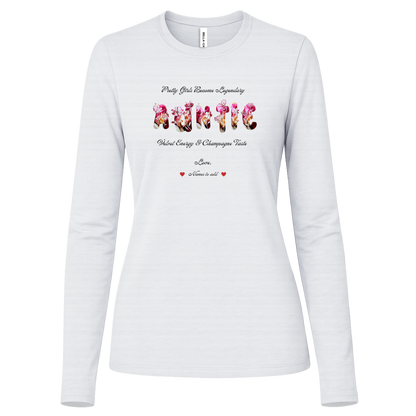 White long sleeve shirt featuring vibrant flowers, elegant botanical accents, and stylish typography with text and graphics on a transparent background