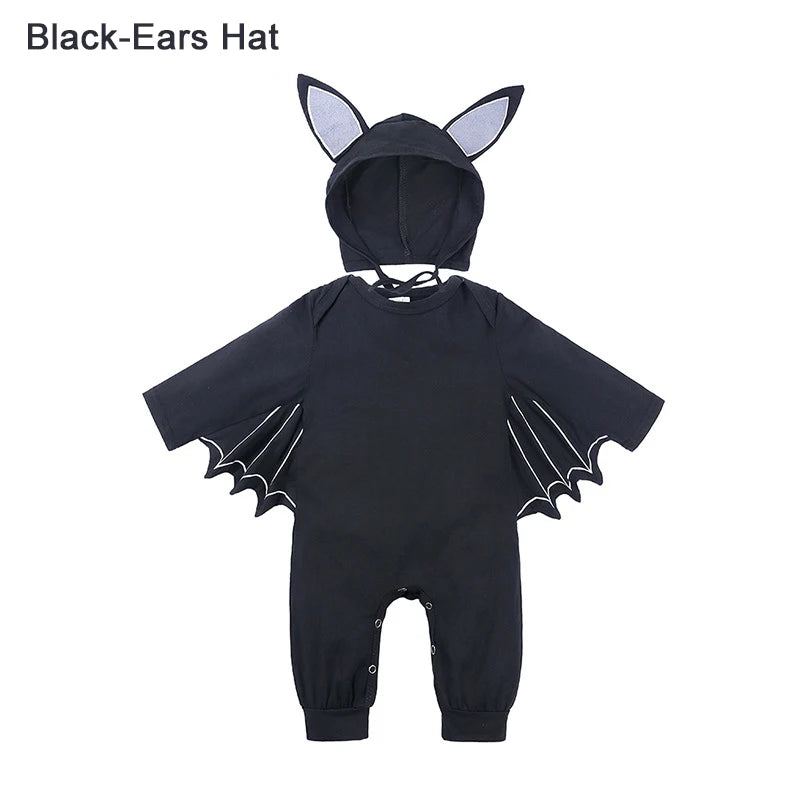 A baby's black bat costume jumpsuit with an attached hood featuring pointed ears, long sleeves with wing-like extensions, and white outline details, shown on a plain white background with the text 'Black-Ears Hat' in the top left.