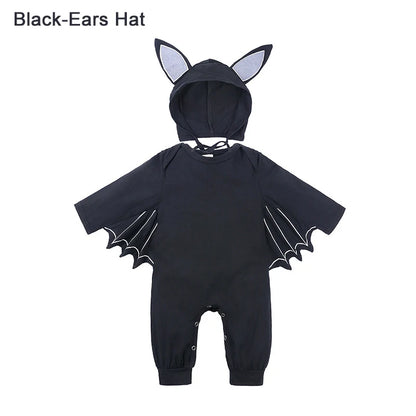 A baby's black bat costume jumpsuit with an attached hood featuring pointed ears, long sleeves with wing-like extensions, and white outline details, shown on a plain white background with the text 'Black-Ears Hat' in the top left.
