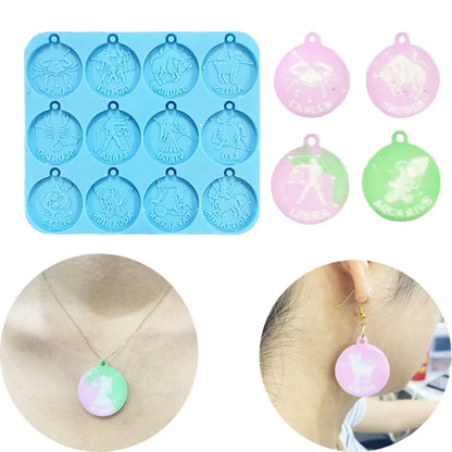 Silicone mold for making pendant-shaped items with examples of finished products.