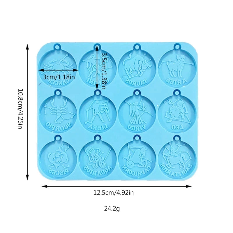 Blue silicone mold with zodiac designs and measurements on a white background