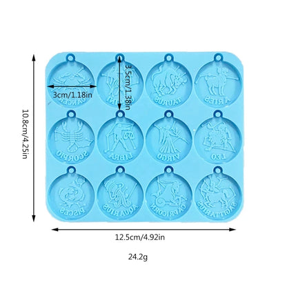Blue silicone mold with zodiac designs and measurements on a white background