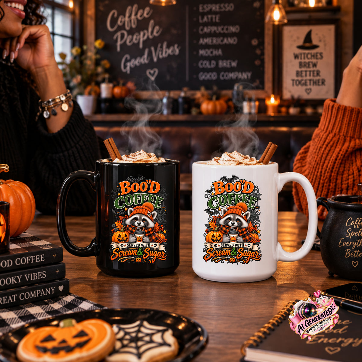 Two Halloween-themed coffee mugs on a wooden table in a cozy cafe setting. One mug is black with a colorful graphic with a cute Halloween raccoon wearing an orange knit hat and black-and-orange plaid scarf while holding a steaming pumpkin coffee, surrounded by pumpkins, autumn leaves, bats, spiderwebs, and berries, with bold text reading “Boo'd Coffee” and “Served With Scream & Sugar.”
