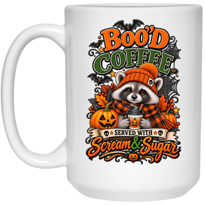 Cute Halloween raccoon wearing an orange knit hat and black-and-orange plaid scarf while holding a steaming pumpkin coffee, surrounded by pumpkins, autumn leaves, bats, spiderwebs, and berries, with bold text reading “Boo'd Coffee” and “Served With Scream & Sugar” on a transparent background
