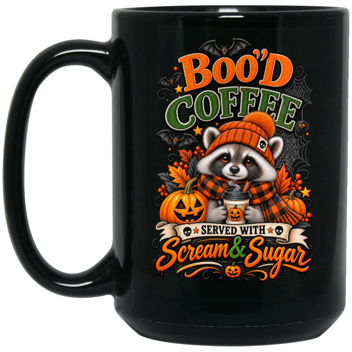 Cute Halloween raccoon wearing an orange knit hat and black-and-orange plaid scarf while holding a steaming pumpkin coffee, surrounded by pumpkins, autumn leaves, bats, spiderwebs, and berries, with bold text reading “Boo'd Coffee” and “Served With Scream & Sugar” on a transparent background
