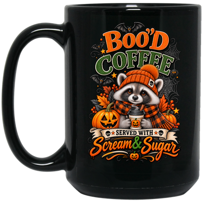 Cute Halloween raccoon wearing an orange knit hat and black-and-orange plaid scarf while holding a steaming pumpkin coffee, surrounded by pumpkins, autumn leaves, bats, spiderwebs, and berries, with bold text reading “Boo'd Coffee” and “Served With Scream & Sugar” on a transparent background