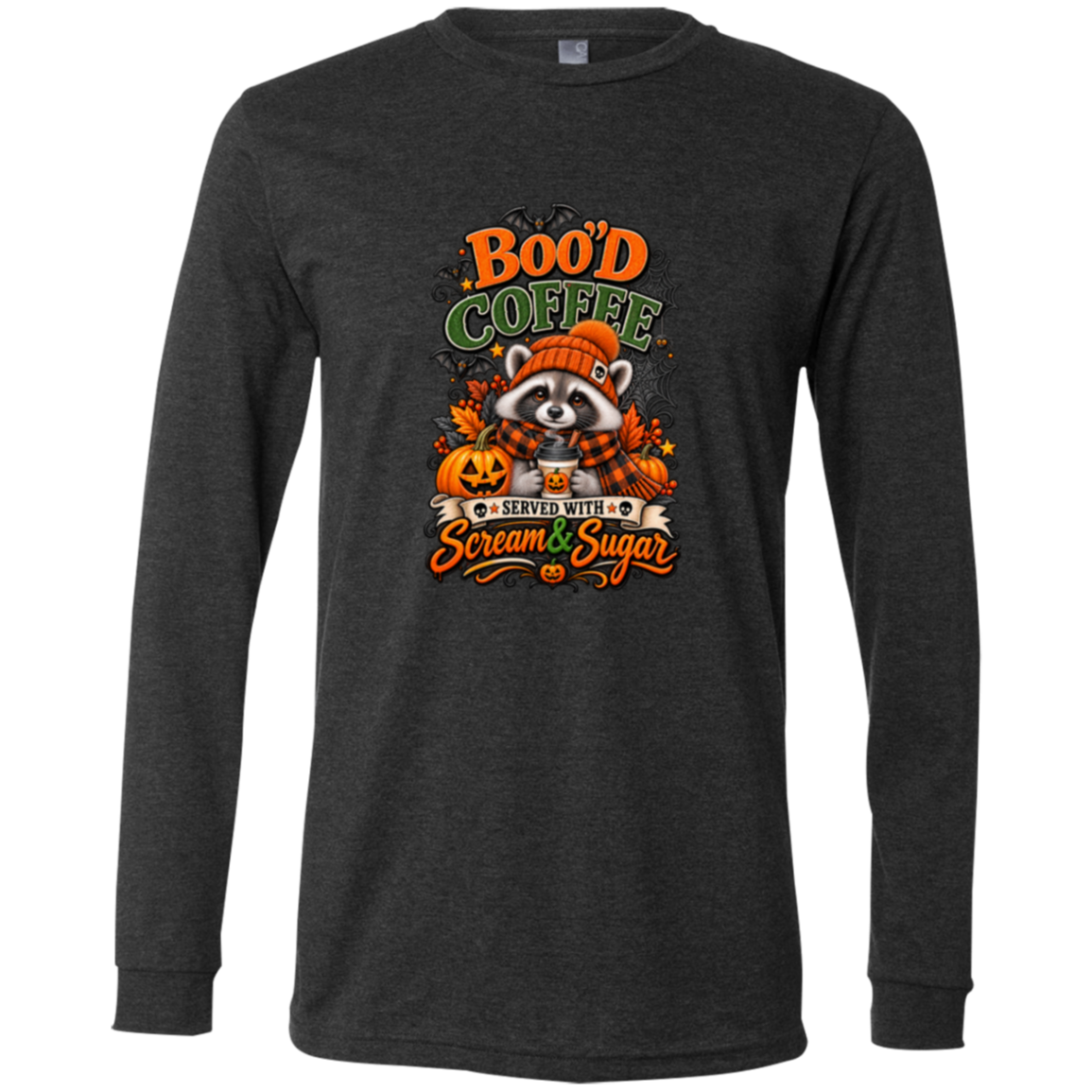 Dark Grey Heather Long Sleeve Shirt featuring a Halloween raccoon wearing an orange knit hat and black-and-orange plaid scarf while holding a steaming pumpkin coffee, surrounded by pumpkins, autumn leaves, bats, spiderwebs, and berries, with bold text reading “Boo'd Coffee” and “Served With Scream & Sugar” on a transparent background