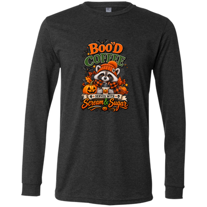 Dark Grey Heather Long Sleeve Shirt featuring a Halloween raccoon wearing an orange knit hat and black-and-orange plaid scarf while holding a steaming pumpkin coffee, surrounded by pumpkins, autumn leaves, bats, spiderwebs, and berries, with bold text reading “Boo'd Coffee” and “Served With Scream & Sugar” on a transparent background
