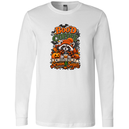 White Long Sleeve Shirt featuring a Halloween raccoon wearing an orange knit hat and black-and-orange plaid scarf while holding a steaming pumpkin coffee, surrounded by pumpkins, autumn leaves, bats, spiderwebs, and berries, with bold text reading “Boo'd Coffee” and “Served With Scream & Sugar” on a transparent background