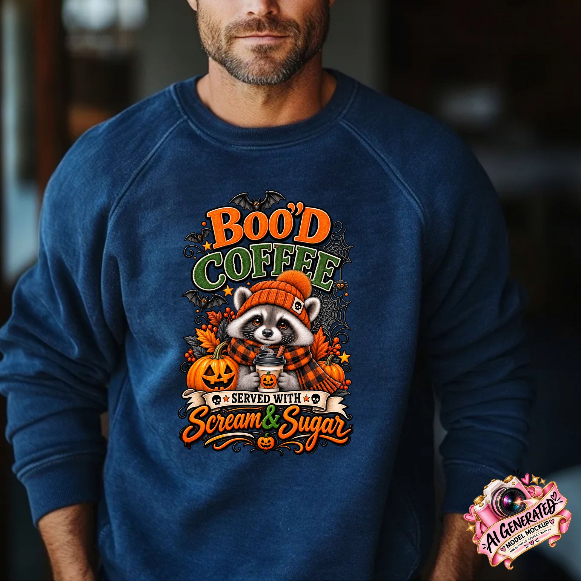 A man wearing a navy blue crewneck sweatshirt with a Halloween-themed graphic that reads 'BOO'D COFFEE' and 'SERVED WITH Scream & Sugar' around a cartoon raccoon in a orange beanie holding a coffee cup next to pumpkins.