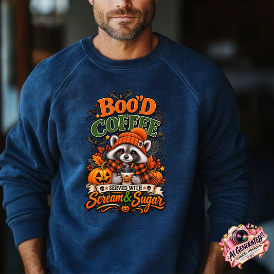 A man wearing a navy blue crewneck sweatshirt with a Halloween-themed graphic that reads 'BOO'D COFFEE' and 'SERVED WITH Scream & Sugar' around a cartoon raccoon in a orange beanie holding a coffee cup next to pumpkins.