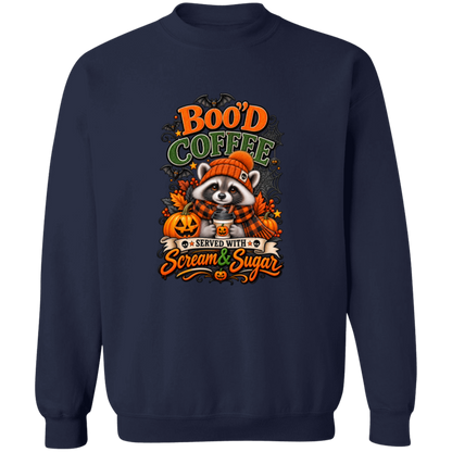 Navy Sweatshirt featuring a Halloween raccoon wearing an orange knit hat and black-and-orange plaid scarf while holding a steaming pumpkin coffee, surrounded by pumpkins, autumn leaves, bats, spiderwebs, and berries, with bold text reading “Boo'd Coffee” and “Served With Scream & Sugar” on a transparent background