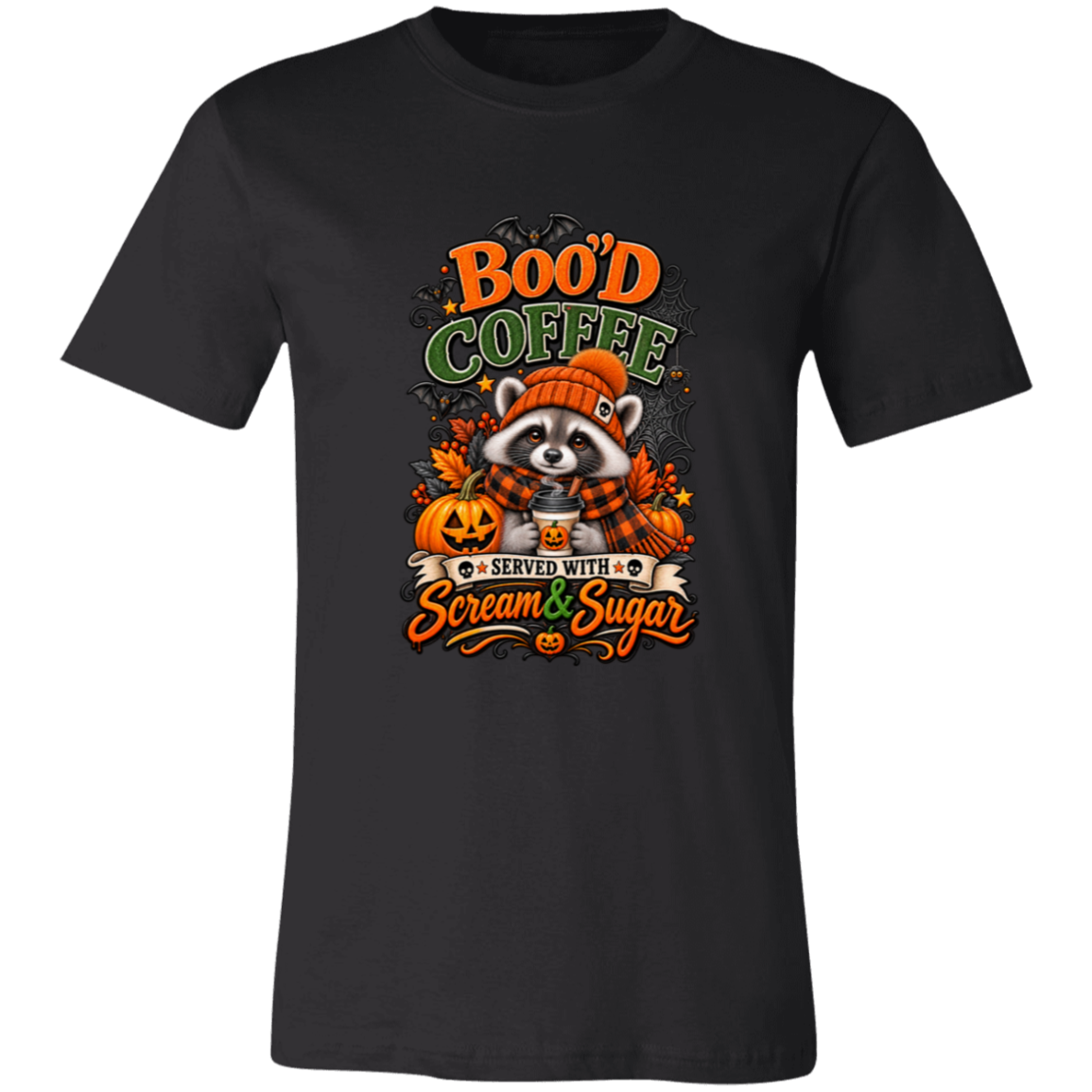 Black Unisex T-Shirt featuring a Halloween raccoon wearing an orange knit hat and black-and-orange plaid scarf while holding a steaming pumpkin coffee, surrounded by pumpkins, autumn leaves, bats, spiderwebs, and berries, with bold text reading “Boo'd Coffee” and “Served With Scream & Sugar” on a transparent background