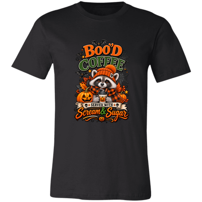 Black Unisex T-Shirt featuring a Halloween raccoon wearing an orange knit hat and black-and-orange plaid scarf while holding a steaming pumpkin coffee, surrounded by pumpkins, autumn leaves, bats, spiderwebs, and berries, with bold text reading “Boo'd Coffee” and “Served With Scream & Sugar” on a transparent background
