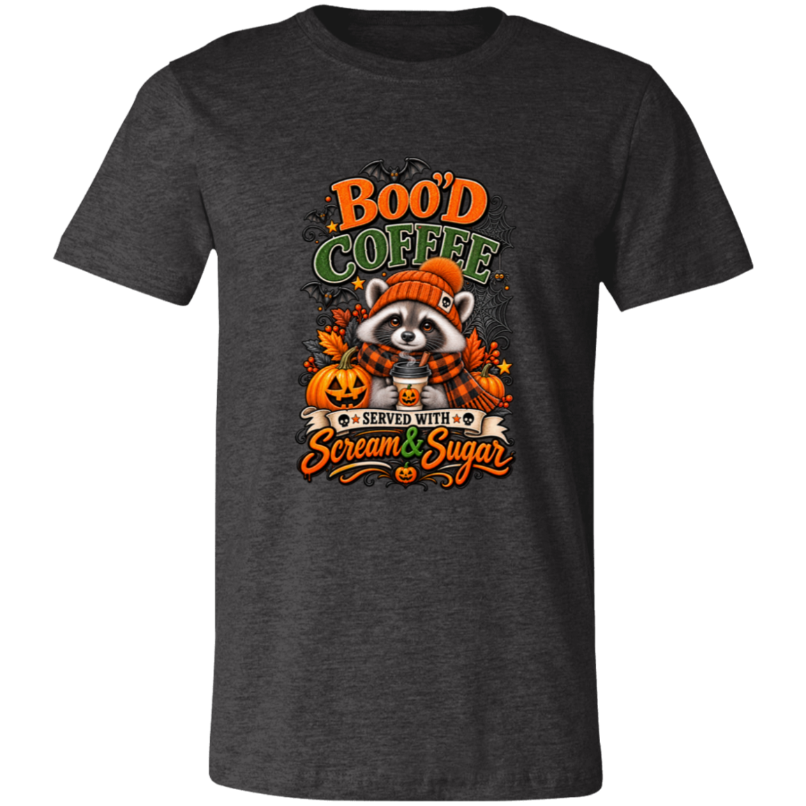 Dark Grey Heather Unisex T-Shirt featuring a Halloween raccoon wearing an orange knit hat and black-and-orange plaid scarf while holding a steaming pumpkin coffee, surrounded by pumpkins, autumn leaves, bats, spiderwebs, and berries, with bold text reading “Boo'd Coffee” and “Served With Scream & Sugar” on a transparent background