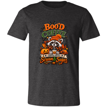 Dark Grey Heather Unisex T-Shirt featuring a Halloween raccoon wearing an orange knit hat and black-and-orange plaid scarf while holding a steaming pumpkin coffee, surrounded by pumpkins, autumn leaves, bats, spiderwebs, and berries, with bold text reading “Boo'd Coffee” and “Served With Scream & Sugar” on a transparent background