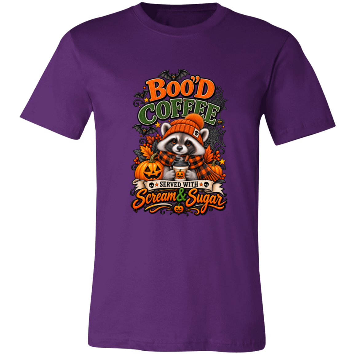 Purple Unisex T-Shirt featuring a Halloween raccoon wearing an orange knit hat and black-and-orange plaid scarf while holding a steaming pumpkin coffee, surrounded by pumpkins, autumn leaves, bats, spiderwebs, and berries, with bold text reading “Boo'd Coffee” and “Served With Scream & Sugar” on a transparent background