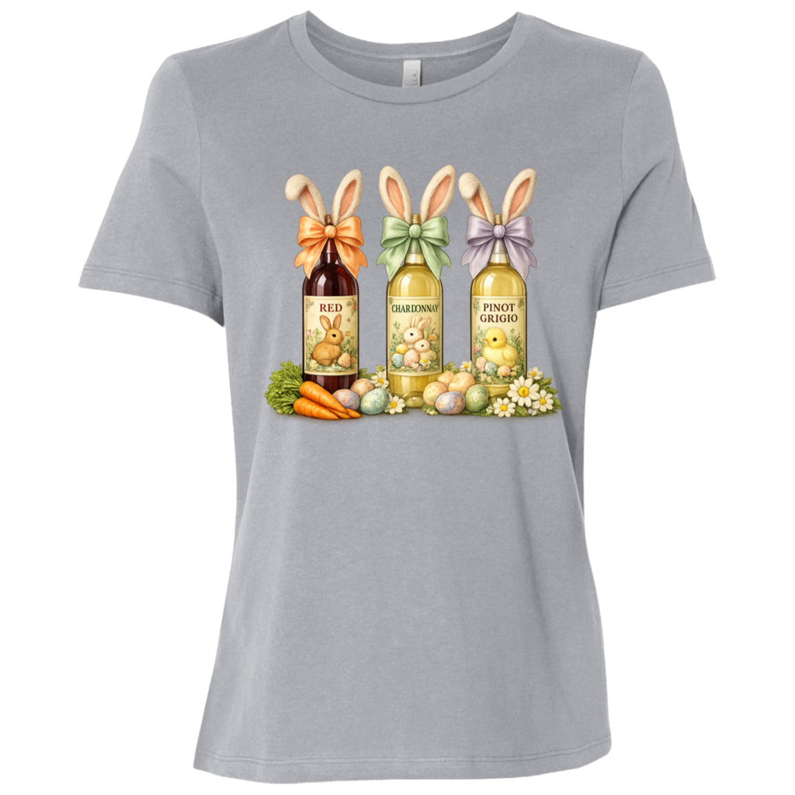 Image of a Athletic Gray t-shirt with a colorful graphic design of three wine bottles (Red, Chardonnay, Pinot Grigio) with bows around the neck of the bottle and bunny ears posed in different positions at the top, flowers, a bunch of carrots and easter designed eggs are at the bottom surrounding the bottoms.