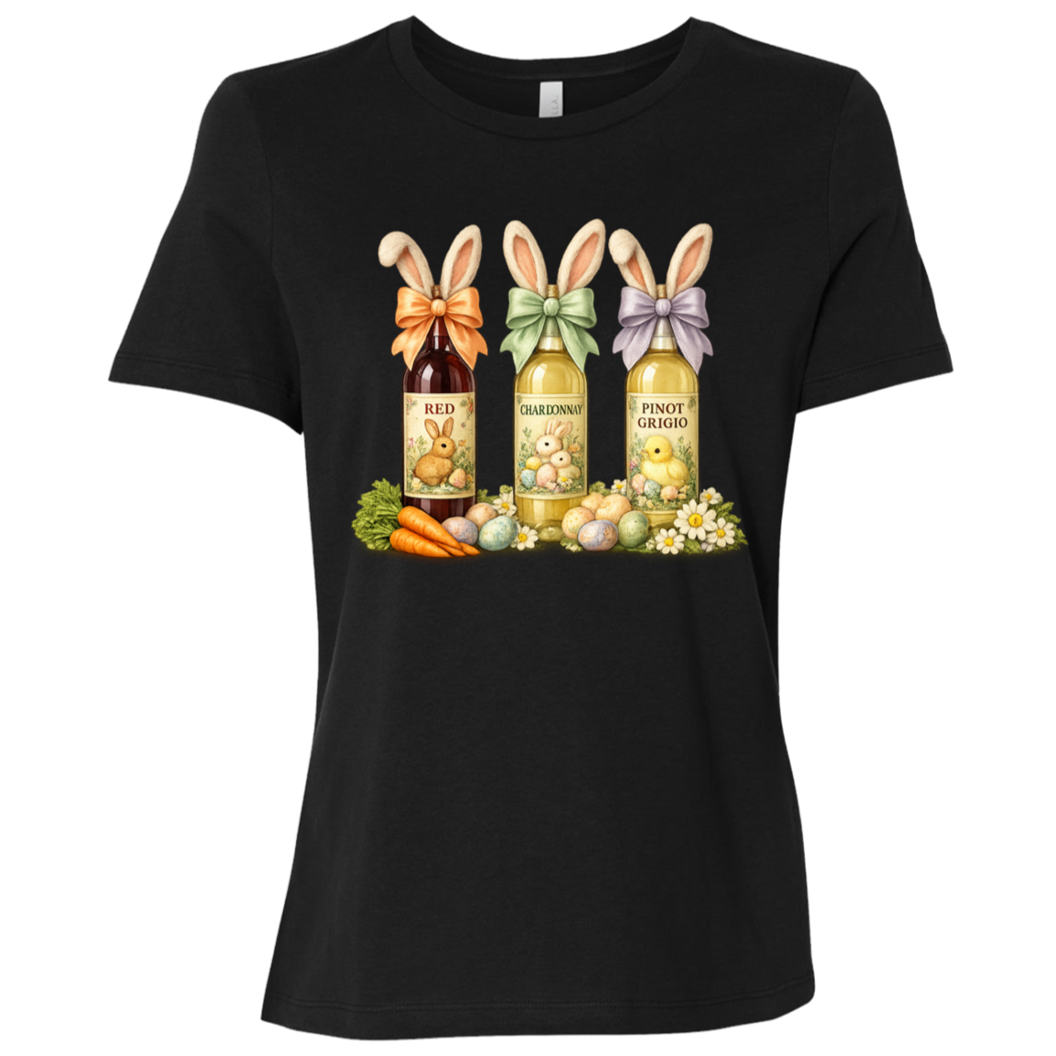 Image of a Black t-shirt with a colorful graphic design of three wine bottles (Red, Chardonnay, Pinot Grigio) with bows around the neck of the bottle and bunny ears posed in different positions at the top, flowers, a bunch of carrots and easter designed eggs are at the bottom surrounding the bottoms.