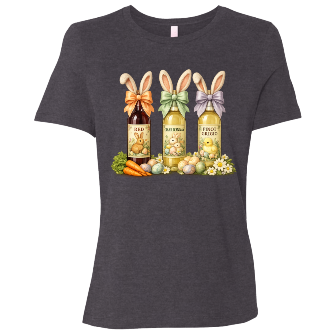 Image of a Dark Gray Heather t-shirt with a colorful graphic design of three wine bottles (Red, Chardonnay, Pinot Grigio) with bows around the neck of the bottle and bunny ears posed in different positions at the top, flowers, a bunch of carrots and easter designed eggs are at the bottom surrounding the bottoms.