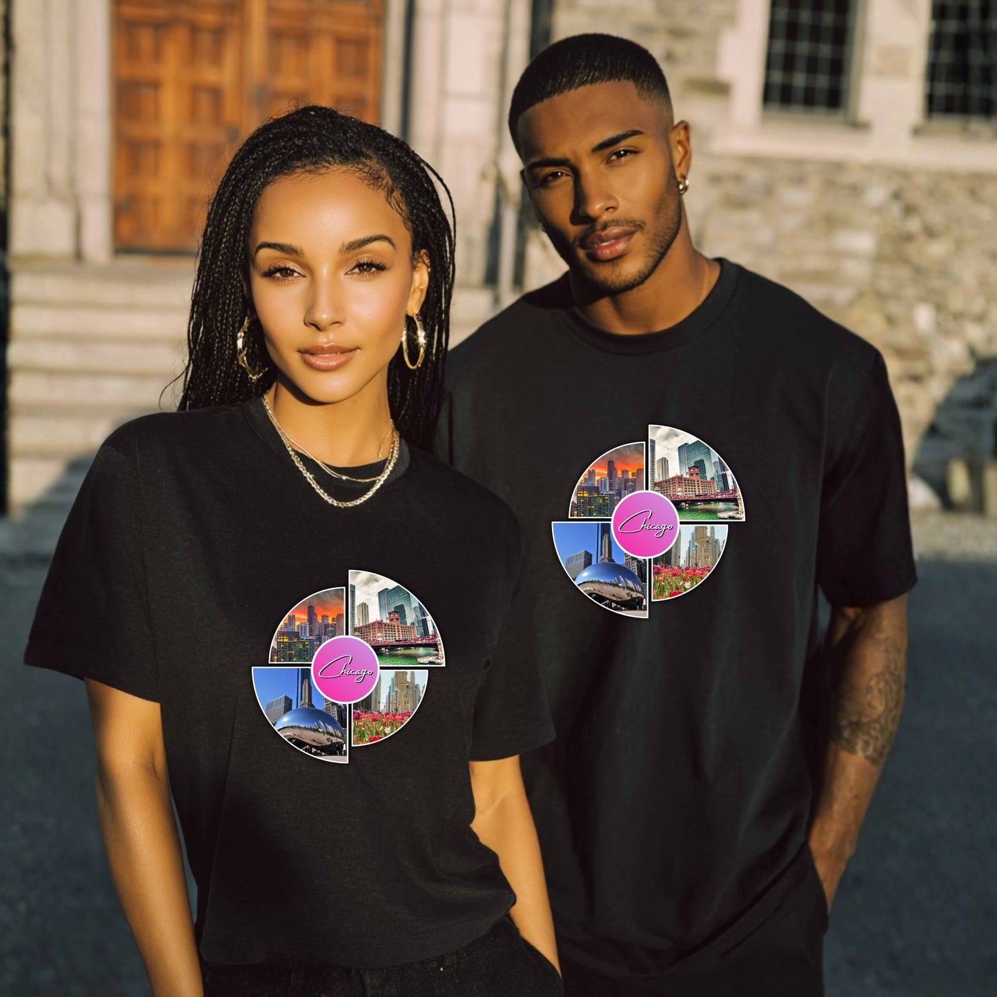 AI Generated man and a woman wearing black t-shirts with a colorful graphic design that says Chicago in the middle and has 4 photo of different locations around the City of Chicago The Bean (Sky Cloud), Downtown skyline with the Sears Tower (Willis Tower), Chicago River with the old City Courthouse (Reid Murdoch Building), Water Tower Building with Tulips pictured in front of it.
