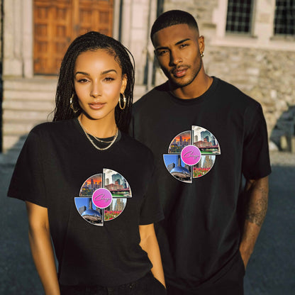 AI Generated man and a woman wearing black t-shirts with a colorful graphic design that says Chicago in the middle and has 4 photo of different locations around the City of Chicago The Bean (Sky Cloud), Downtown skyline with the Sears Tower (Willis Tower), Chicago River with the old City Courthouse (Reid Murdoch Building), Water Tower Building with Tulips pictured in front of it.
