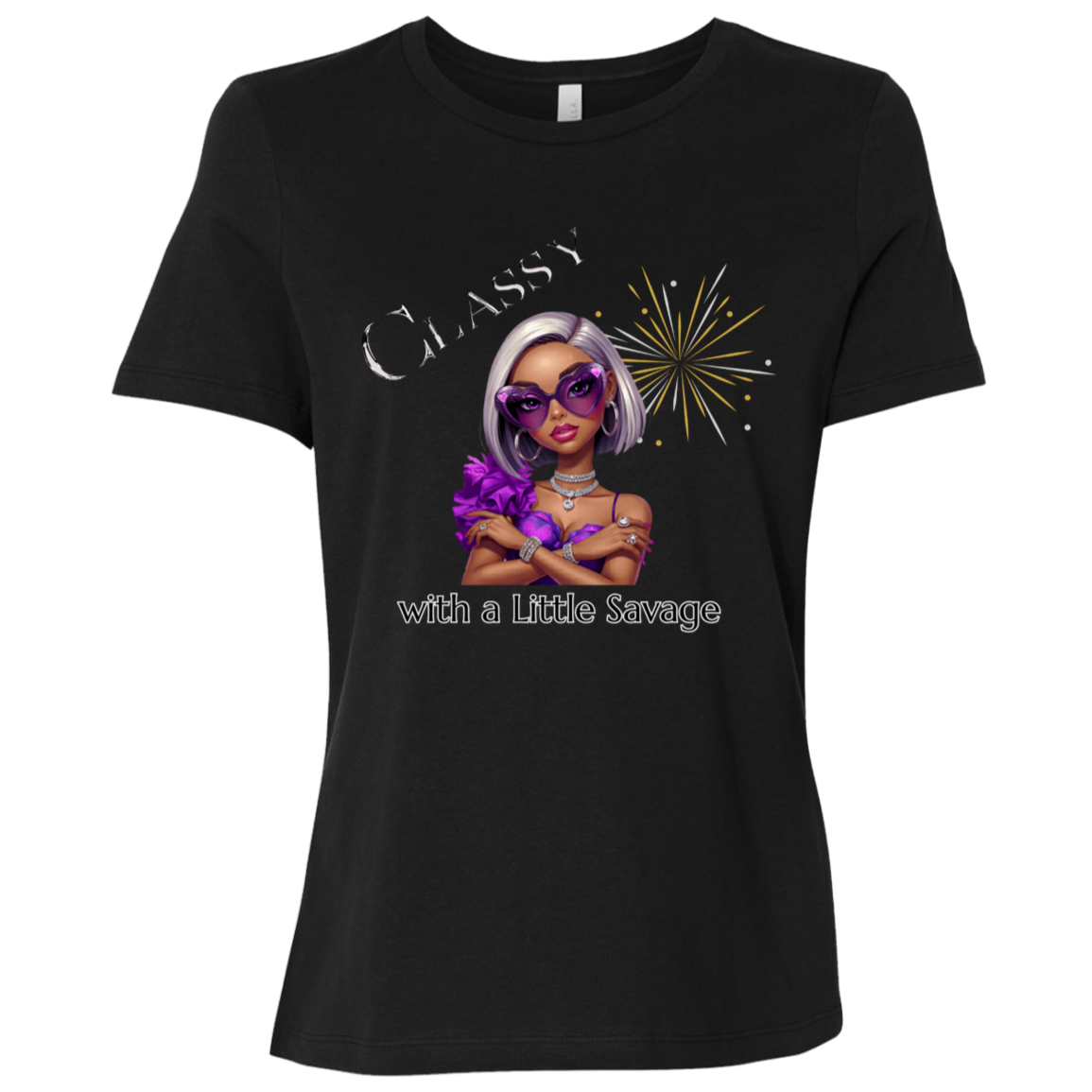Black t-shirt featuring a stylish fashion-forward diva dressed in vibrant purple, oversized statement sunglasses, sparkling jewelry, and unapologetic confidence on a transparent background