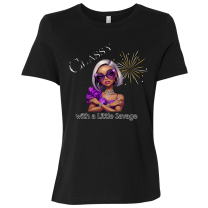 Black t-shirt featuring a stylish fashion-forward diva dressed in vibrant purple, oversized statement sunglasses, sparkling jewelry, and unapologetic confidence on a transparent background