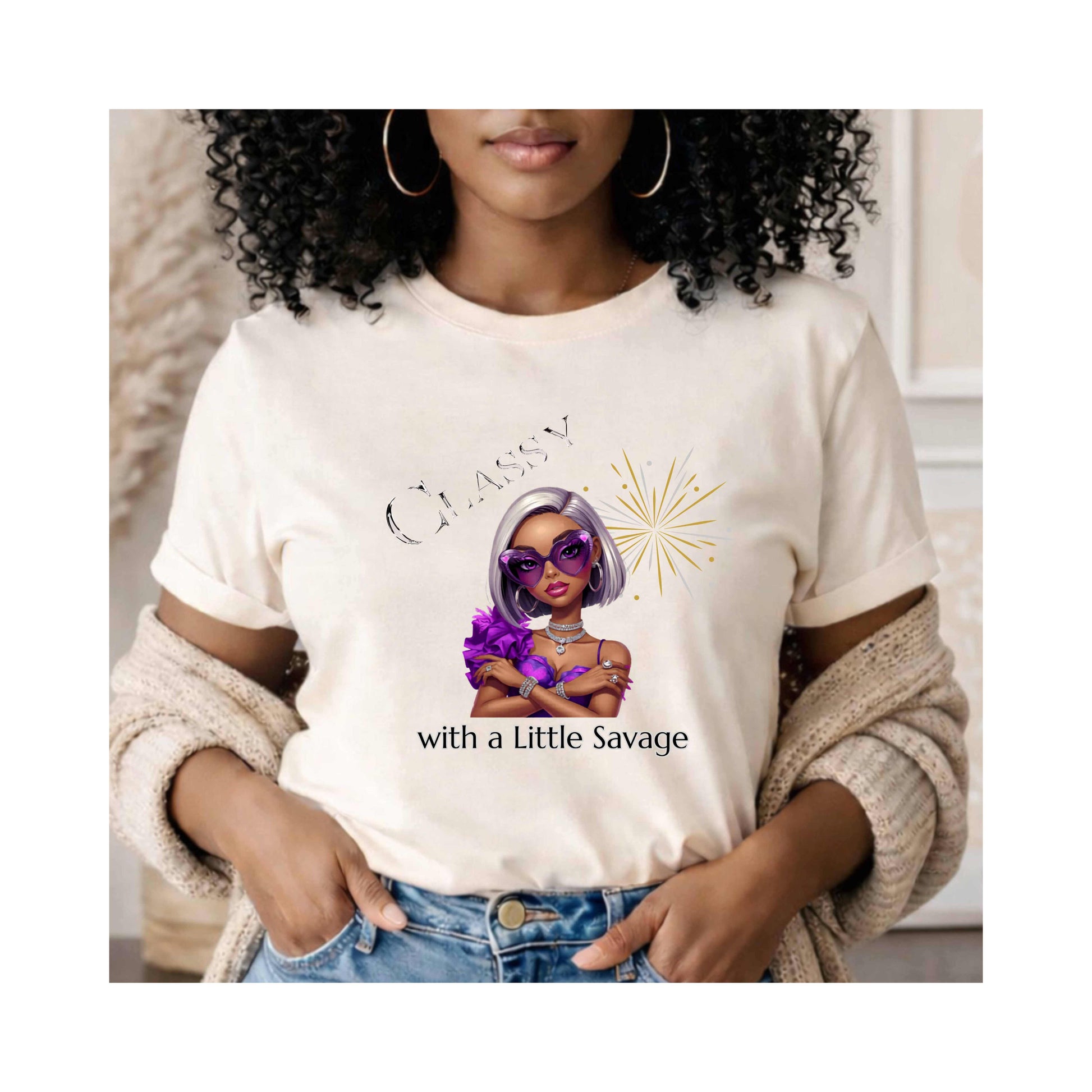 Woman wearing a white t-shirt featuring a stylish fashion-forward diva dressed in vibrant purple, oversized statement sunglasses, sparkling jewelry, and unapologetic confidence