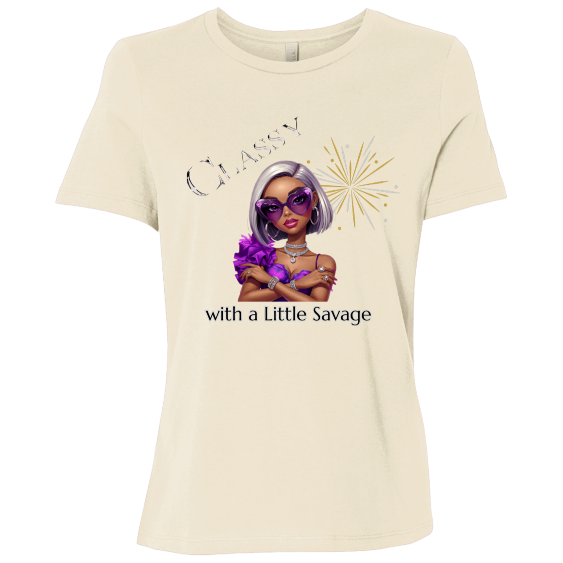 Natural color t-shirt featuring a stylish fashion-forward diva dressed in vibrant purple, oversized statement sunglasses, sparkling jewelry, and unapologetic confidence on a transparent background