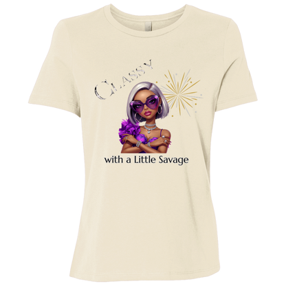 Natural color t-shirt featuring a stylish fashion-forward diva dressed in vibrant purple, oversized statement sunglasses, sparkling jewelry, and unapologetic confidence on a transparent background