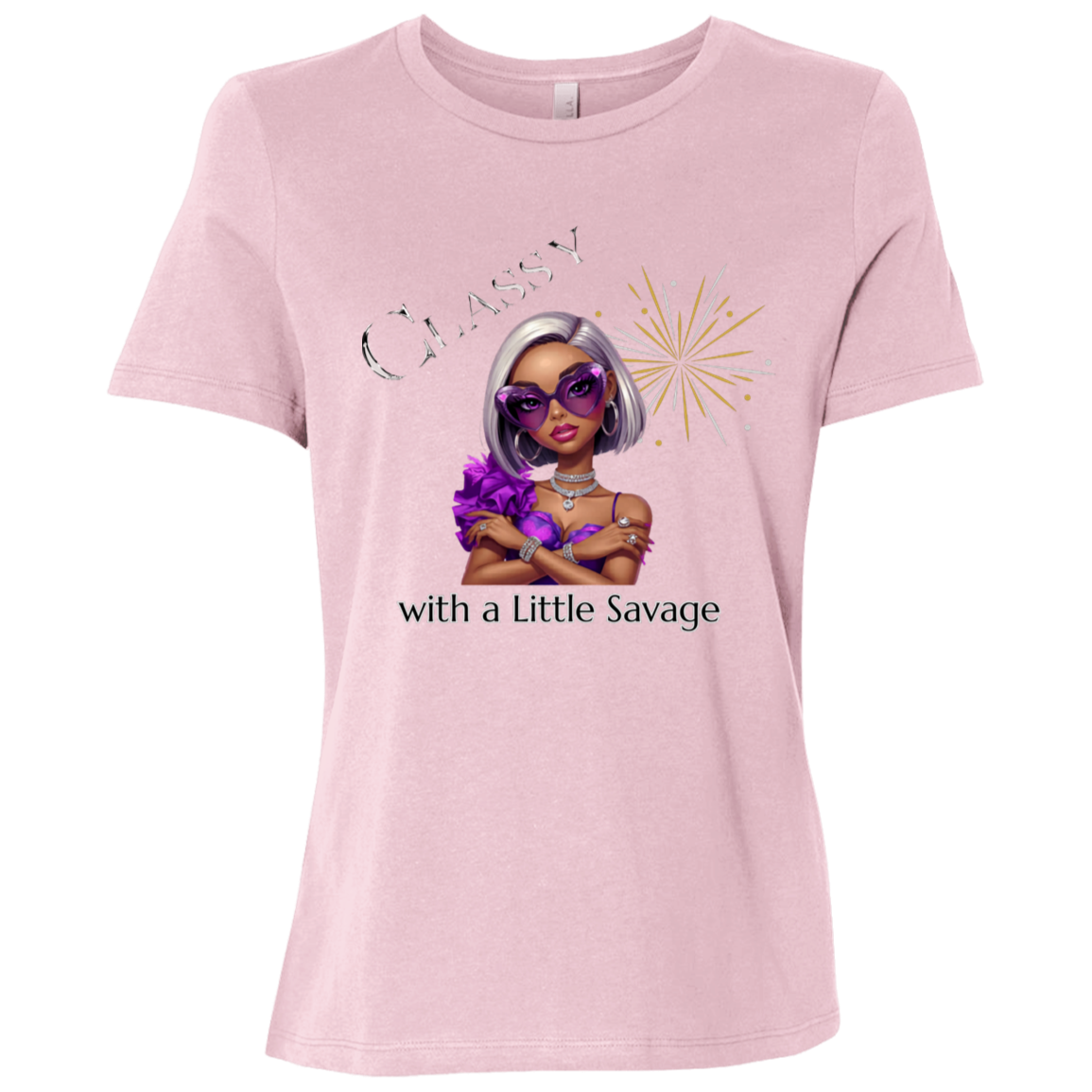 Pink t-shirt featuring a stylish fashion-forward diva dressed in vibrant purple, oversized statement sunglasses, sparkling jewelry, and unapologetic confidence on a transparent background