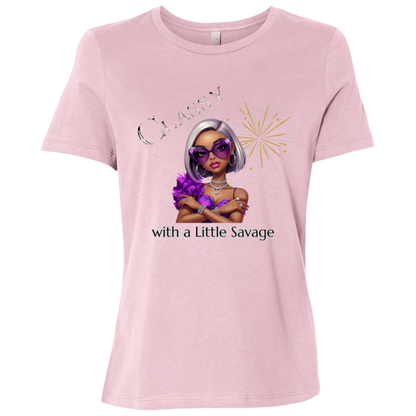 Pink t-shirt featuring a stylish fashion-forward diva dressed in vibrant purple, oversized statement sunglasses, sparkling jewelry, and unapologetic confidence on a transparent background