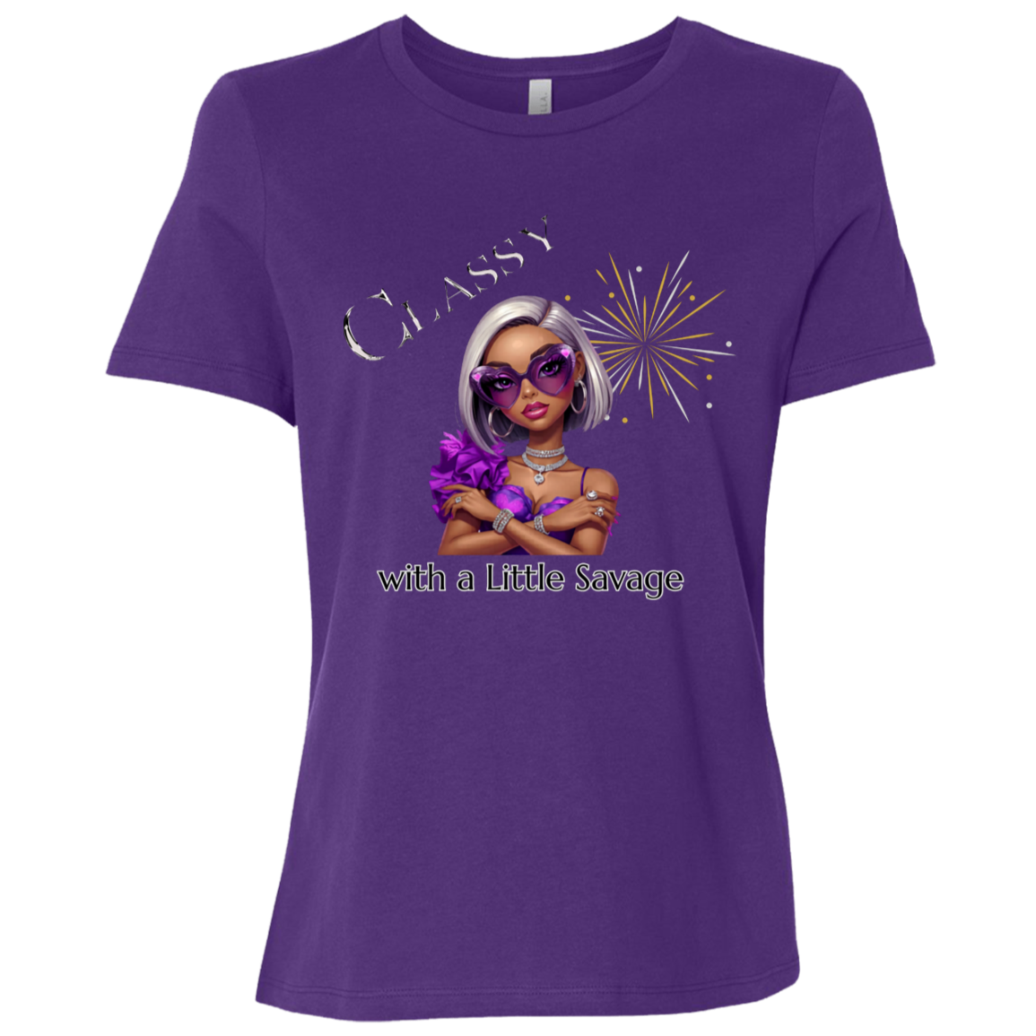 Team Purple t-shirt featuring a stylish fashion-forward diva dressed in vibrant purple, oversized statement sunglasses, sparkling jewelry, and unapologetic confidence on a transparent background