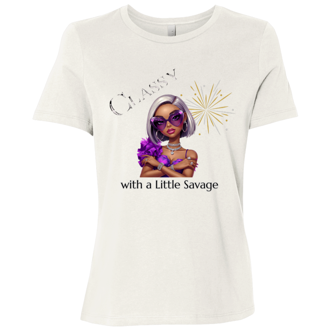 Vintage White t-shirt featuring a stylish fashion-forward diva dressed in vibrant purple, oversized statement sunglasses, sparkling jewelry, and unapologetic confidence on a transparent background