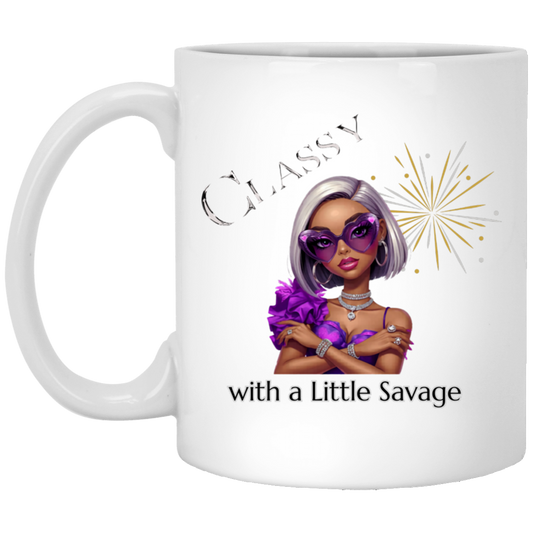 11 oz white mug featuring a stylish fashion-forward diva dressed in vibrant purple, oversized statement sunglasses, sparkling jewelry, and unapologetic confidence on a transparent background